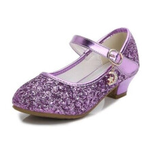 (Purple Glitter, UK12 Kids) Kids Girls Childrens Mary Jane Glitter Low Heel Party Wedding Sandals Shoes