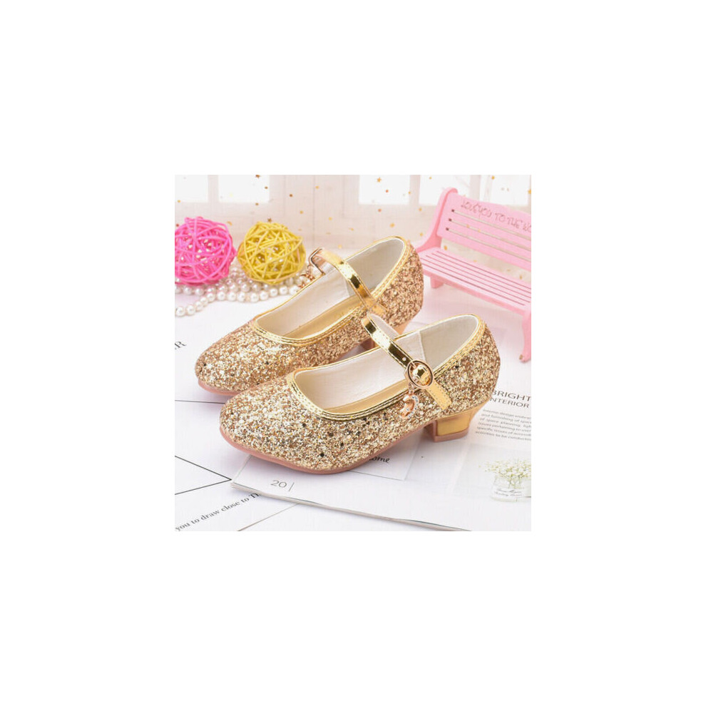 (Gold Glitter, UK9 Kids) Kids Girls Childrens Mary Jane Glitter Low Heel Party Wedding Sandals Shoes