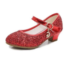 (Red Glitter, UK12 Kids) Kids Girls Childrens Mary Jane Glitter Low Heel Party Wedding Sandals Shoes