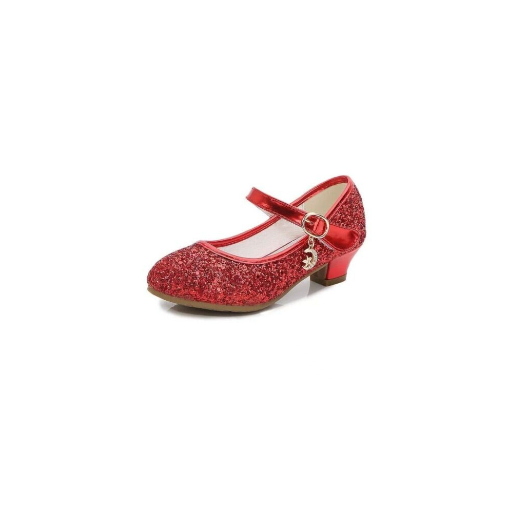 (Red Glitter, UK13 Kids) Kids Girls Childrens Mary Jane Glitter Low Heel Party Wedding Sandals Shoes
