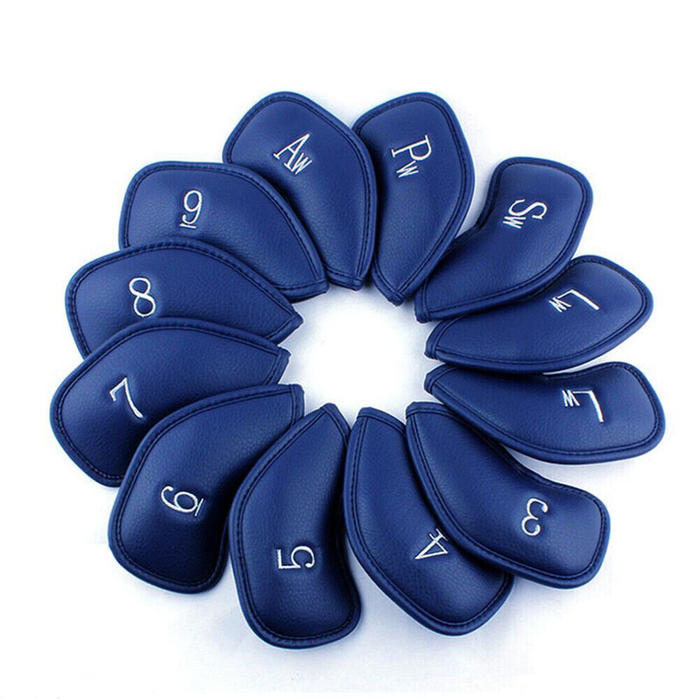 (  Blue) 12 Pcs Leather Golf Headcovers Irons Set Club Iron Head Covers Driver Mallet