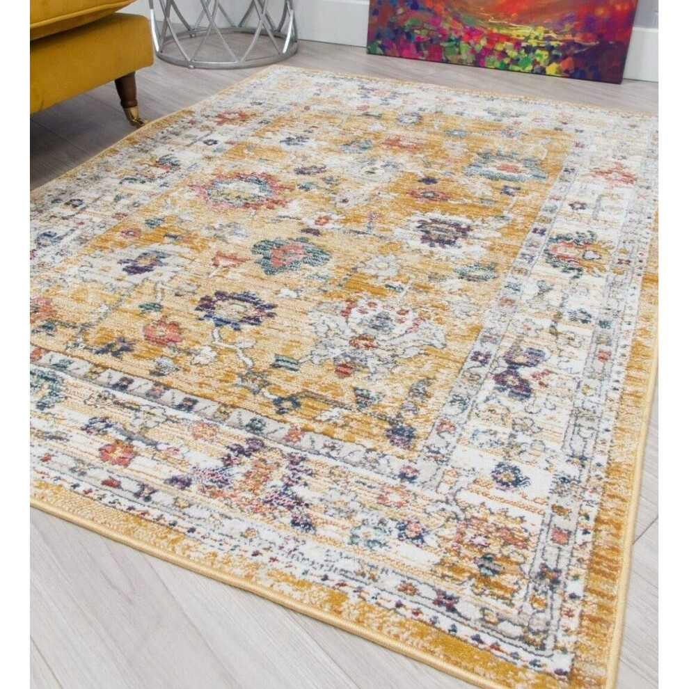 (120cm x 170cm) Ochre Vintage Distressed Modern Faded Traditional Vesta Border Rug