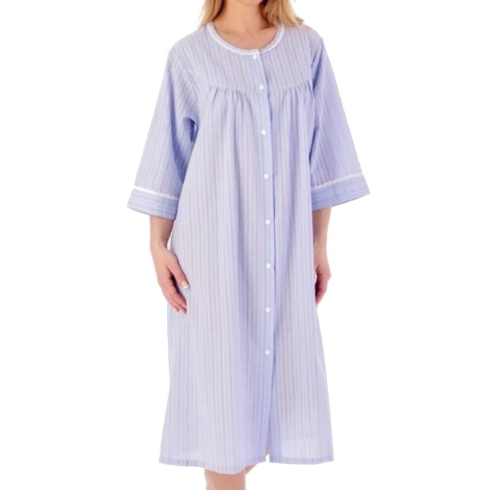 (Blue, UK 10/12) Slenderella Ladies Seersucker Stripe Poppers Fastening Robe