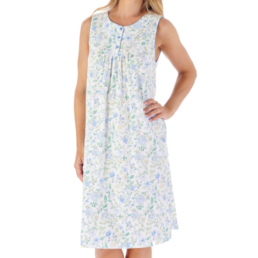 (Blue, UK 10/12) Slenderella Ladies Sleeveless Jersey Cotton Floral Nightdress