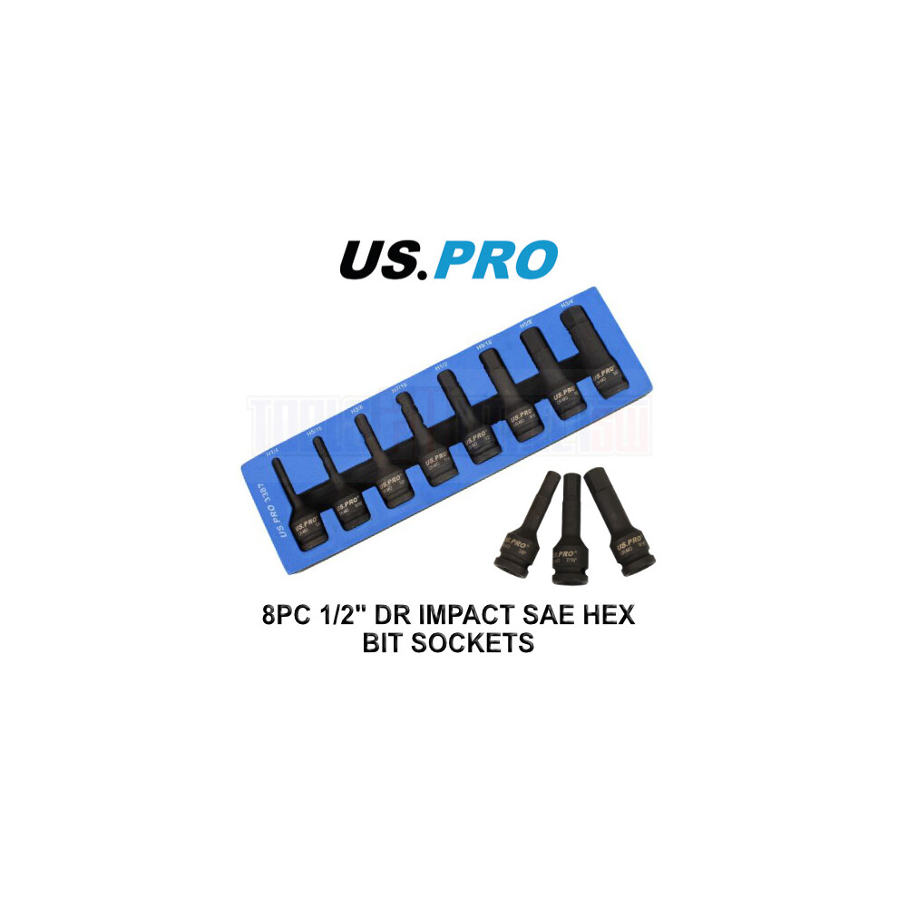 Us Pro Tools 8Pc 1/2" Sae Impact Hex Allen Bit Sockets 1/4" - 3/4" Imperial 3387