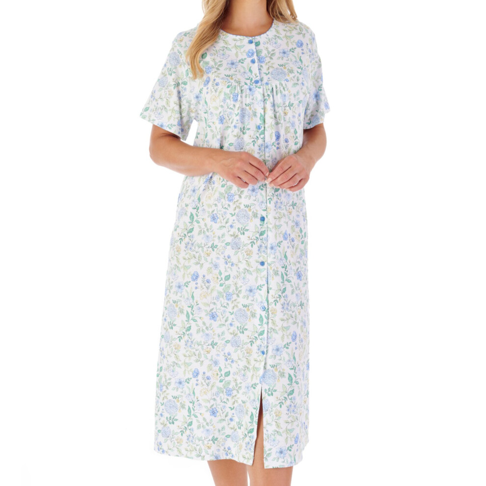 (Blue, UK 10/12) Slenderella Ladies Button Down Jersey Cotton Floral Nightdress