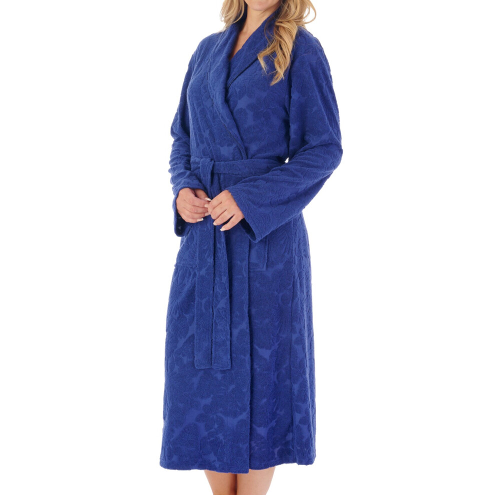 (Navy, Small) Slenderella Ladies Floral Shawl Collar Towelling Dressing Gown