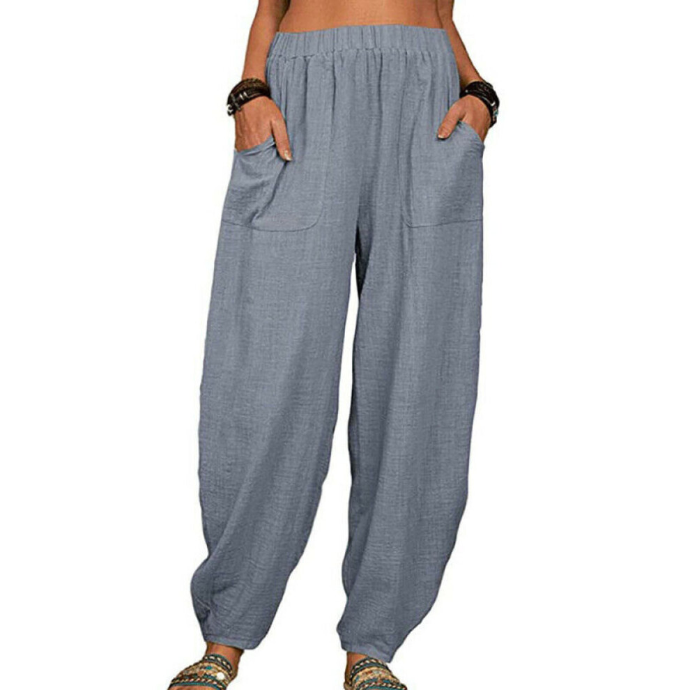 (  Grey,   2XL = 14) Ladies Elastic Waist Cotton Trousers Womens Casual Baggy Wide Leg Harem Pants
