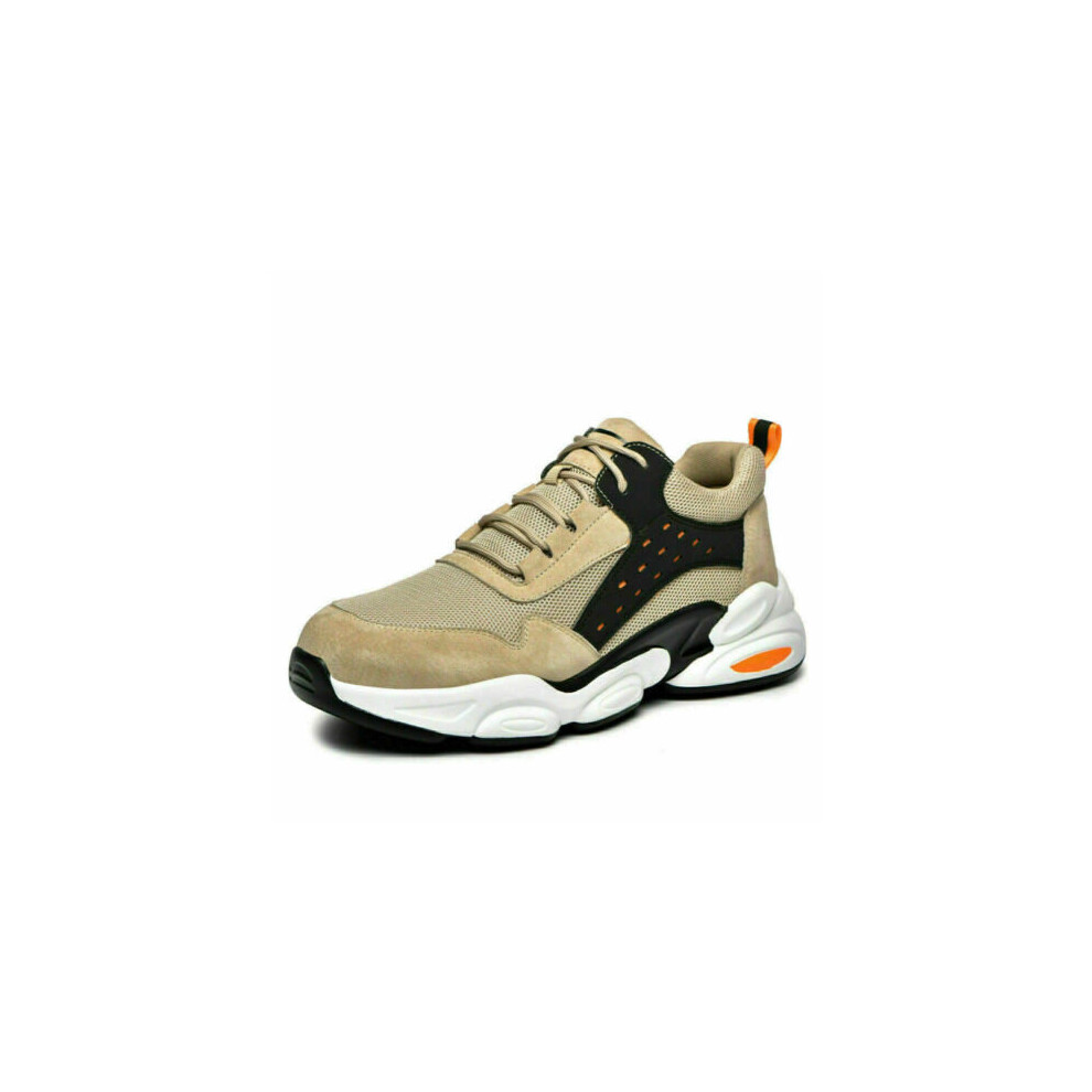 (Beige, UK 10.5) Mens Womens Work Safety Trainers Lightweight Steel Toe Cap Boots Hiking Shoes
