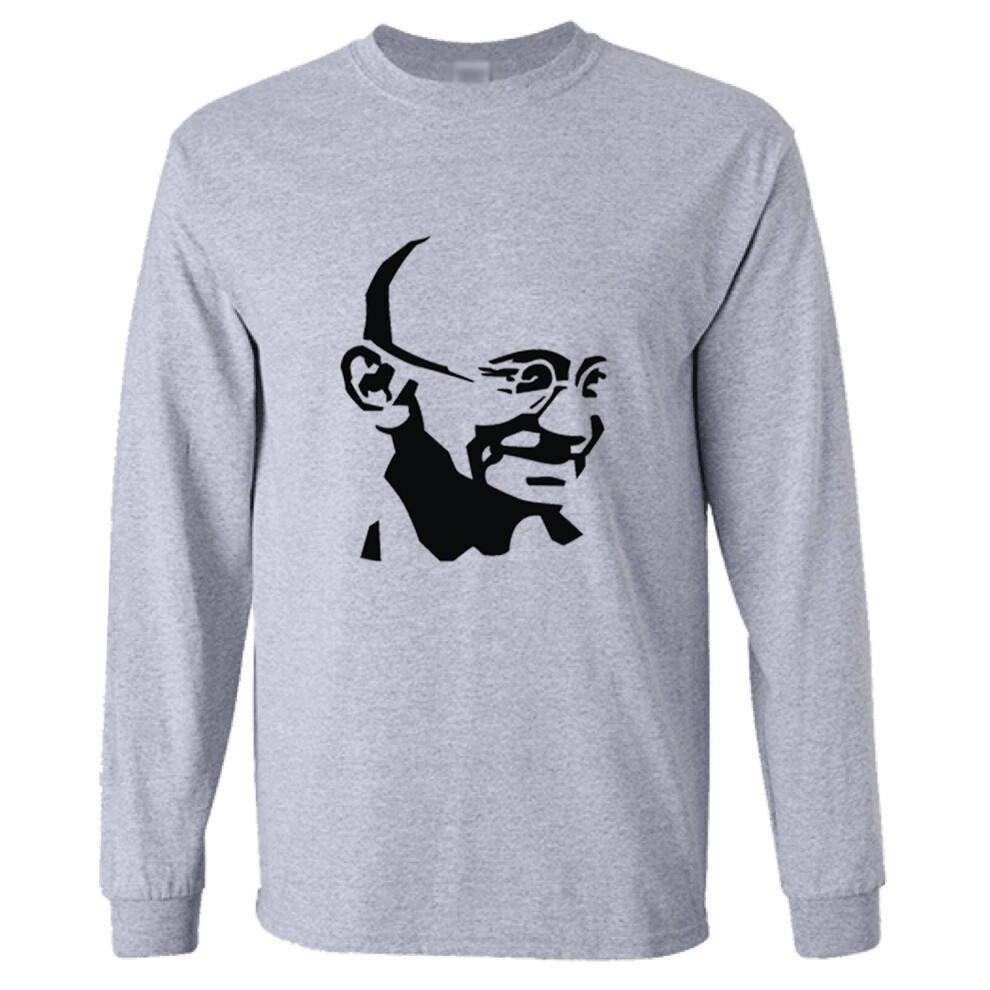 (5XL) Mahatma Gandhi Hindi Indian Hero Men Long Sleeve T-Shirt Grey Basic Tee Top