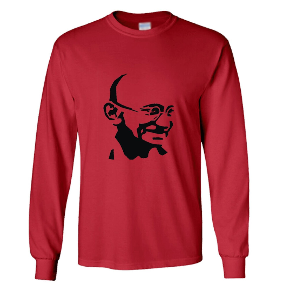 (S) Mahatma Gandhi Hindi Indian Hero Men Long Sleeve T-Shirt Red Basic Tee Top