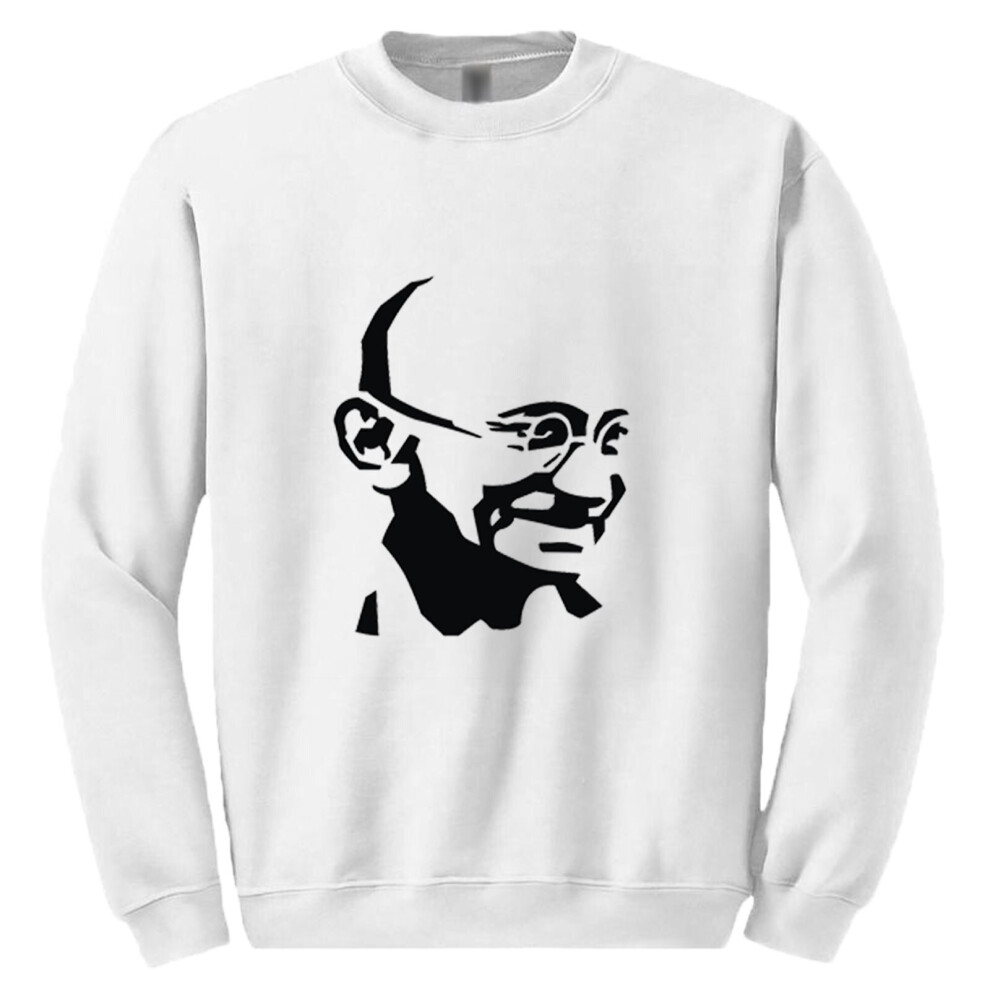 (L) Mahatma Gandhi Indian Hero Mens White Sweat Sweater Jumper Sweatshirt