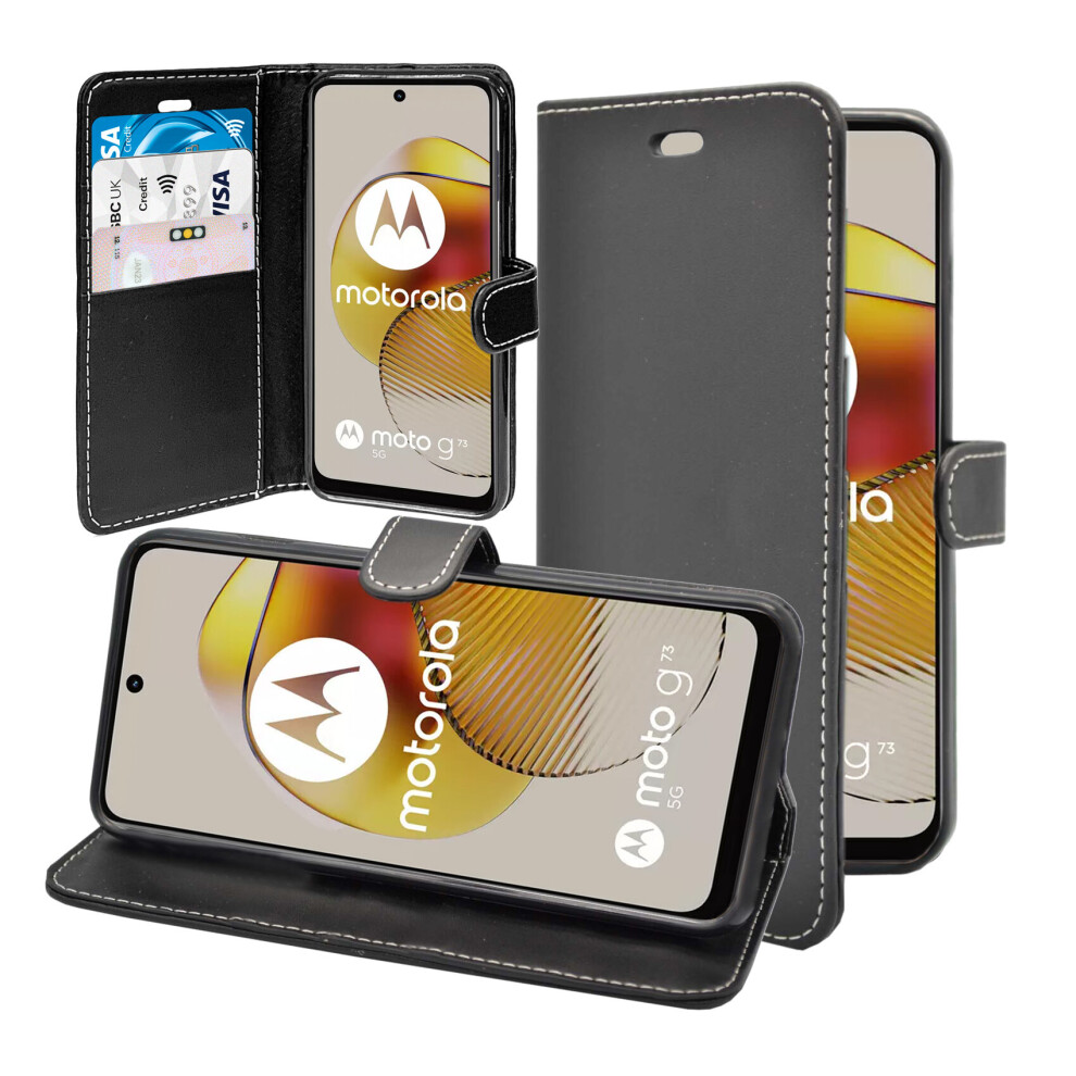 (Black) For Motorola G73 Wallet Flip Pu Leather Stand Card Slot Pouch Cover Case Black 5060972623329