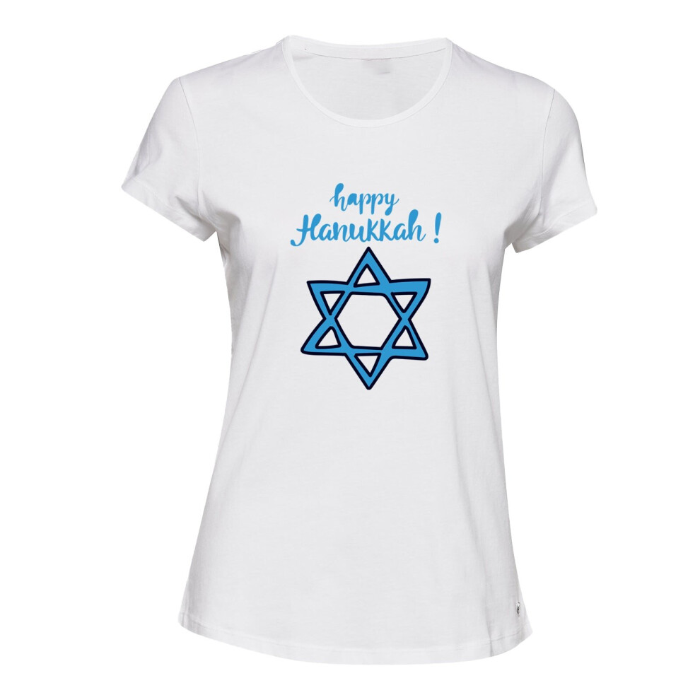 (S) Israel Blue Flag Symbol Happy Hanukkah White Ladies Women T Shirt Tee Top Female