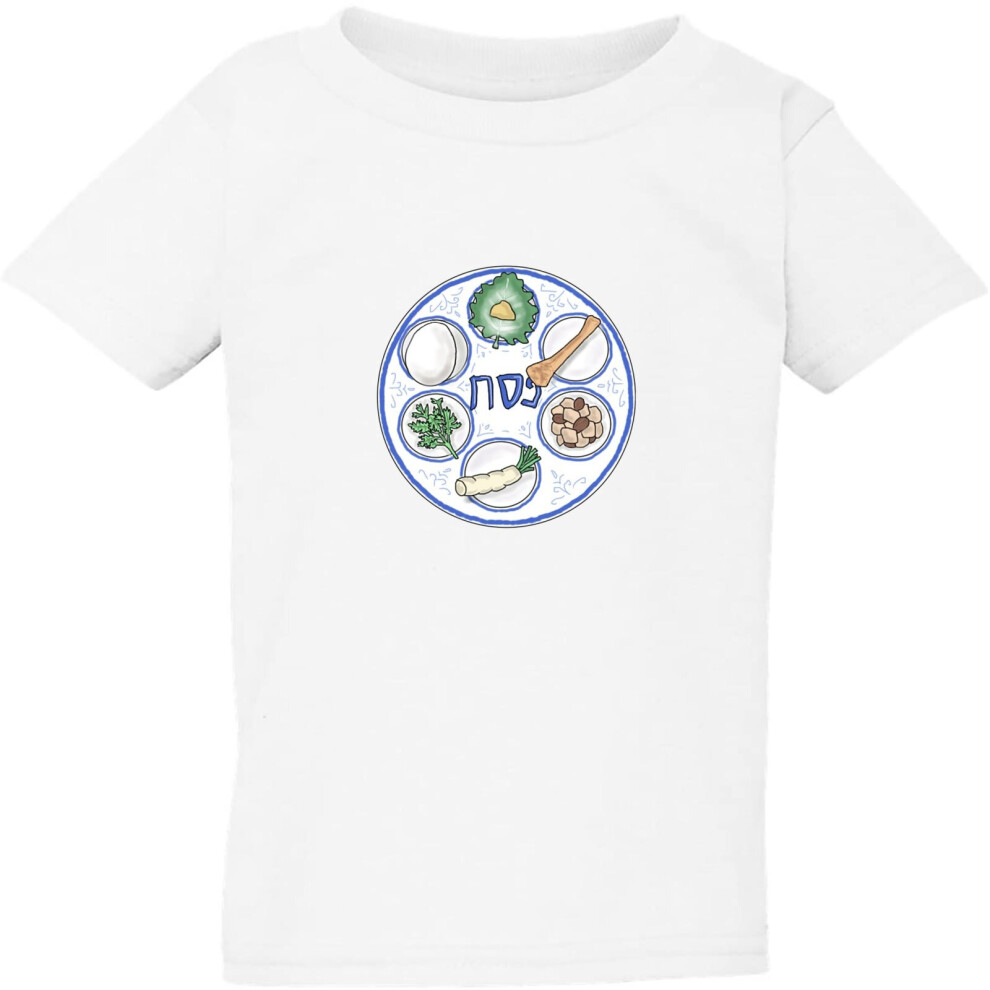 (2XL / 6T / 5-6 YO) Jewish Happy Passover Food Table White Kids Boys Girls T Shirt Tee Top