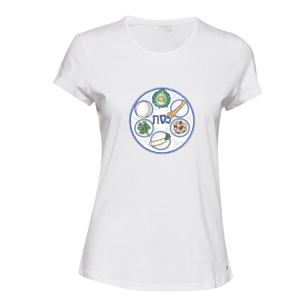 (XL) Jewish Happy Passover Food Table White Female Ladies Women T Shirt Tee Top