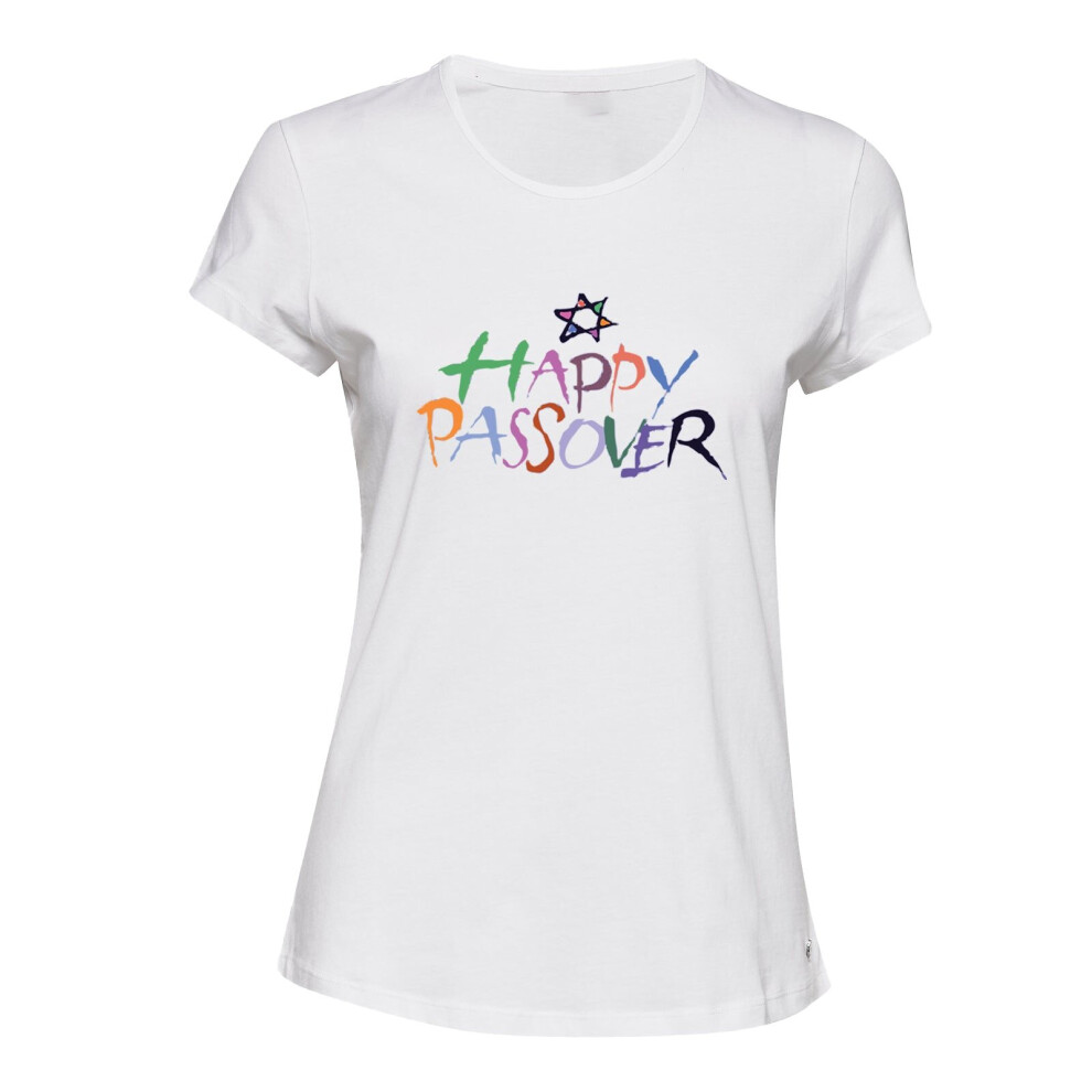 (2XL) Jewish Happy Passover Hebrew Pesaá¸¥ White Female Ladies Women T Shirt Tee Top