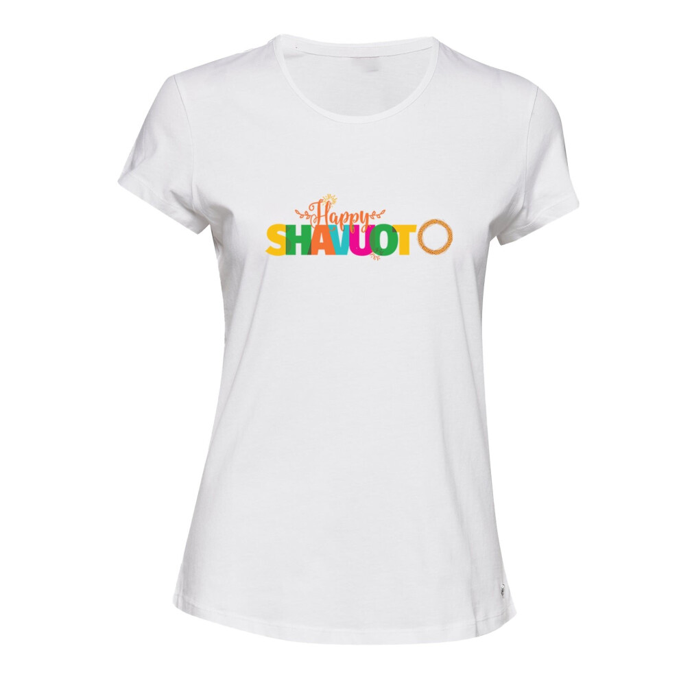 (M) Jewish Happy Shavuot Colourful Text White Ladies Women T Shirt Tee Top Female