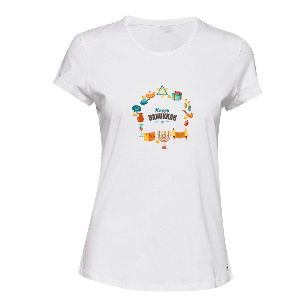 (S) Happy Hanukkah Jewish Festival Judaism White Female Ladies Women T Shirt Tee Top