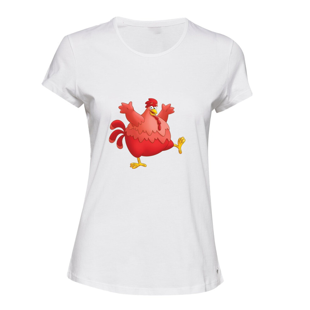 (2XL) Red Fat Chubby Chicken Bird Cock Cartoon Art White Ladies Women T Shirt Tee Top