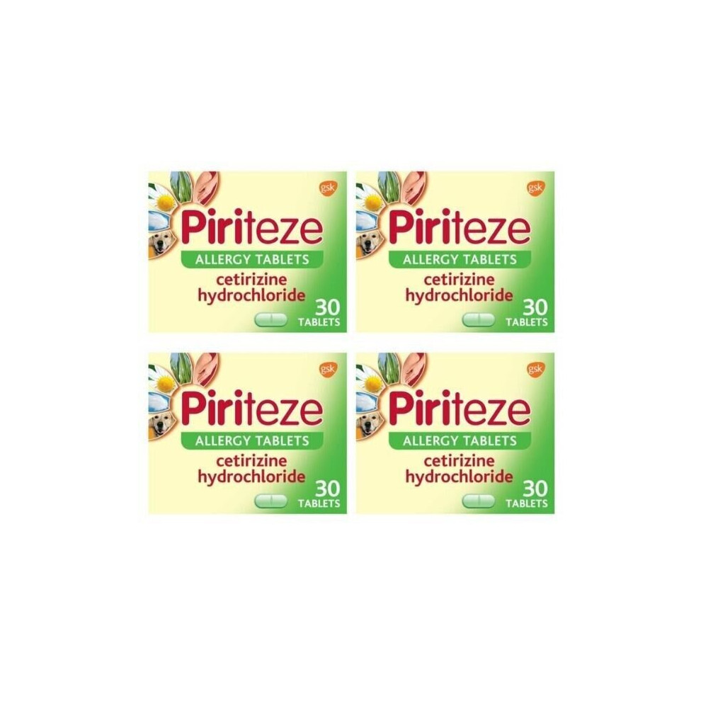 4x Piriteze Cetirizine Hydrochloride Hayfever Skin Dust Allergy Relief 30 Tablet