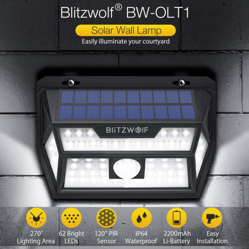 Blitzwolf Solar PIR Motion Sensor Waterproof 62 LED Garden Wall Lamp Light BW-OLT1 2