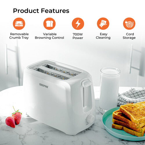 GEEPAS Geepas 2 Slice Bread Toaster Variable Browning Control 700W, White 1