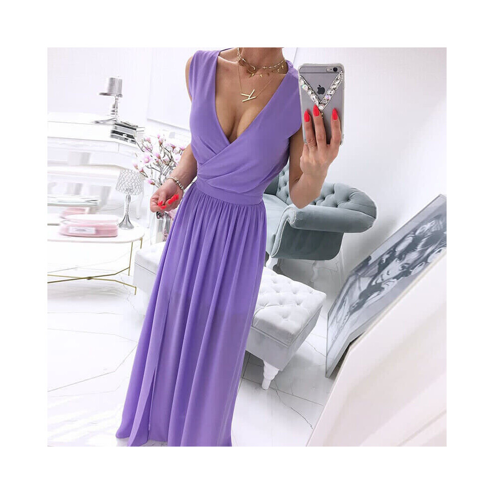 (Purple, 2XL) Women's Chiffon V Neck Evening Party Dress Side Split Ball Gown Bridesmaid Dress-image-OPC-PBF9V7W-NEW