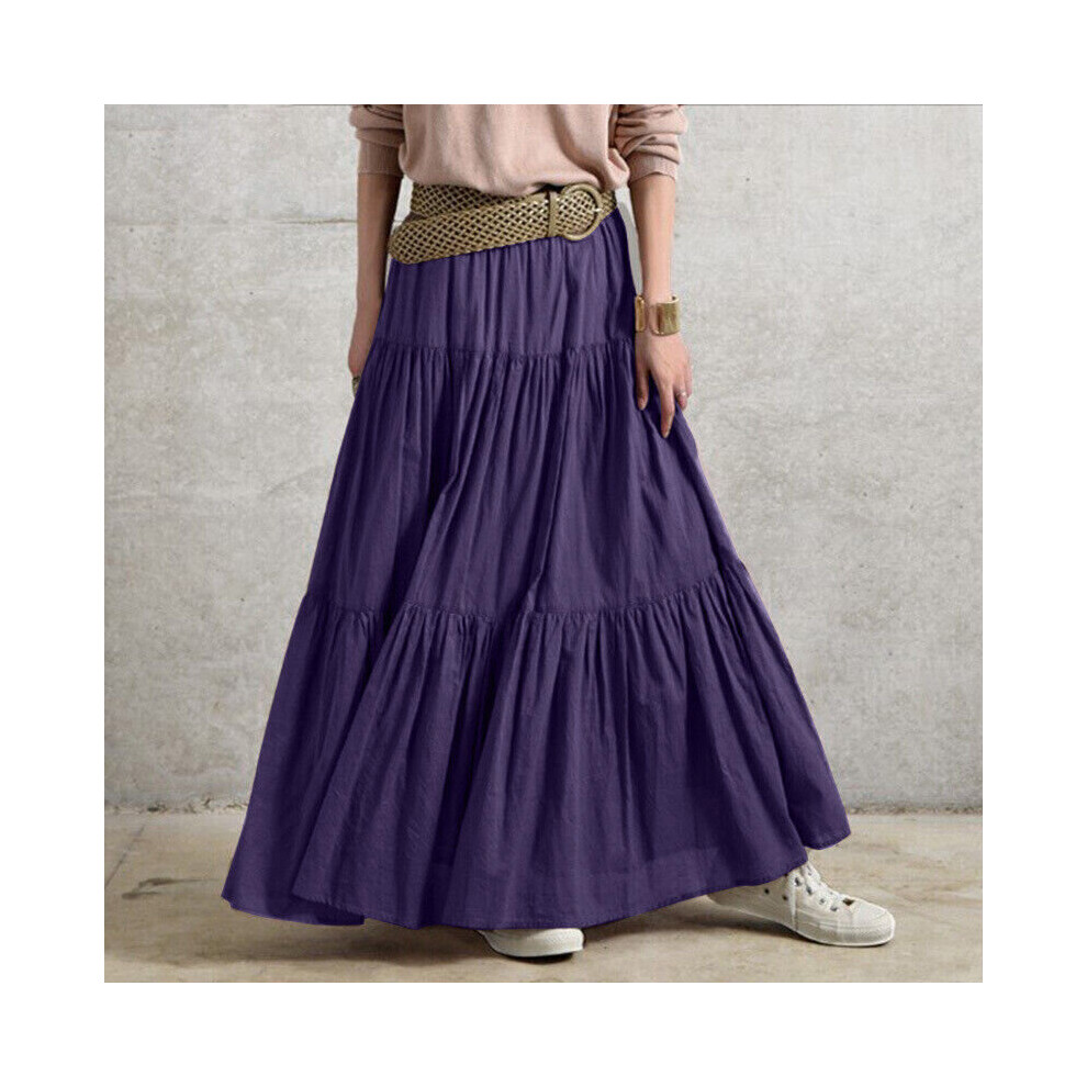 (Purple, XL) Women Pleated Skirt Maxi Vintage Casual Loose Ruffle Long Swing Dress Plus Size