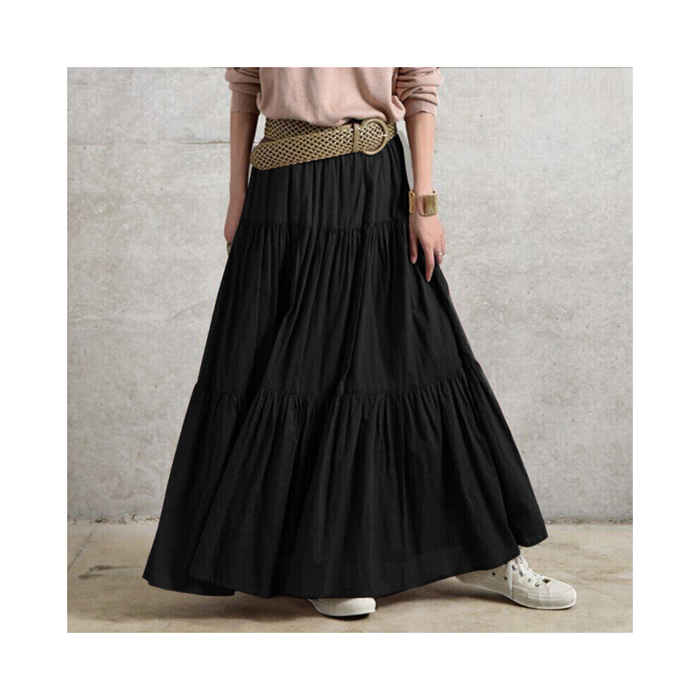 Black 3XL Women Pleated Skirt Maxi Vintage Casual Loose Ruffle Long Swing Dress Plus Size