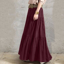 (Red, 5XL) Women Pleated Skirt Maxi Vintage Casual Loose Ruffle Long Swing Dress Plus Size