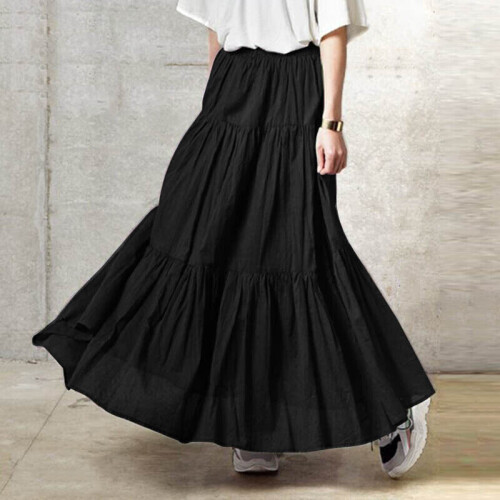 Black 5XL Women Pleated Skirt Maxi Vintage Casual Loose Ruffle Long Swing Dress Plus Size on OnBuy