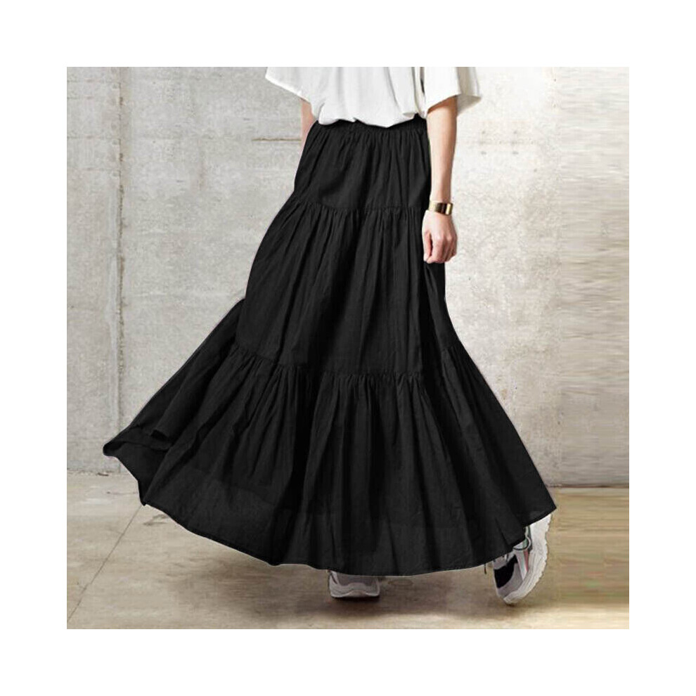 Black 5XL Women Pleated Skirt Maxi Vintage Casual Loose Ruffle Long Swing Dress Plus Size on OnBuy