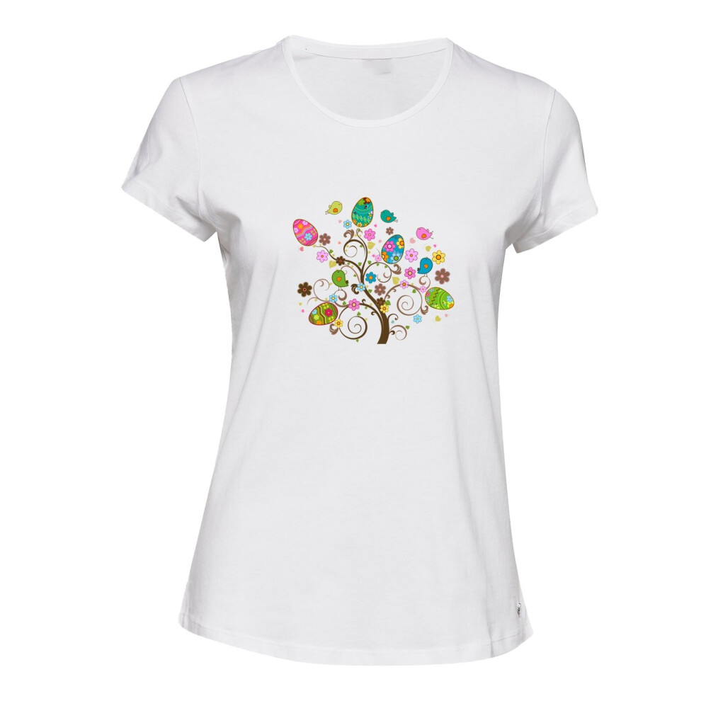 (XL) Happy Cute Easter Colourful Egg Tree White Ladies Women T Shirt Tee Top Female