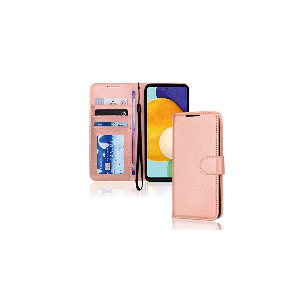 (Rose Gold) Samsung Galaxy A72 5G Leather Wallet Case, Flip Protective Cover with Wallet Card Holder, Stand and Wrist Strap - PU Leather with Magnetic