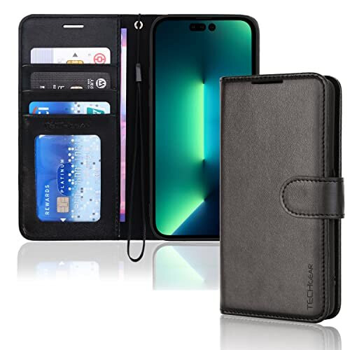 (Black) Apple iPhone 14 Pro Max Leather Wallet Case, Flip Protective Cover with Wallet Card Holder, Stand and Wrist Strap - PU Leather with Magnetic Closure