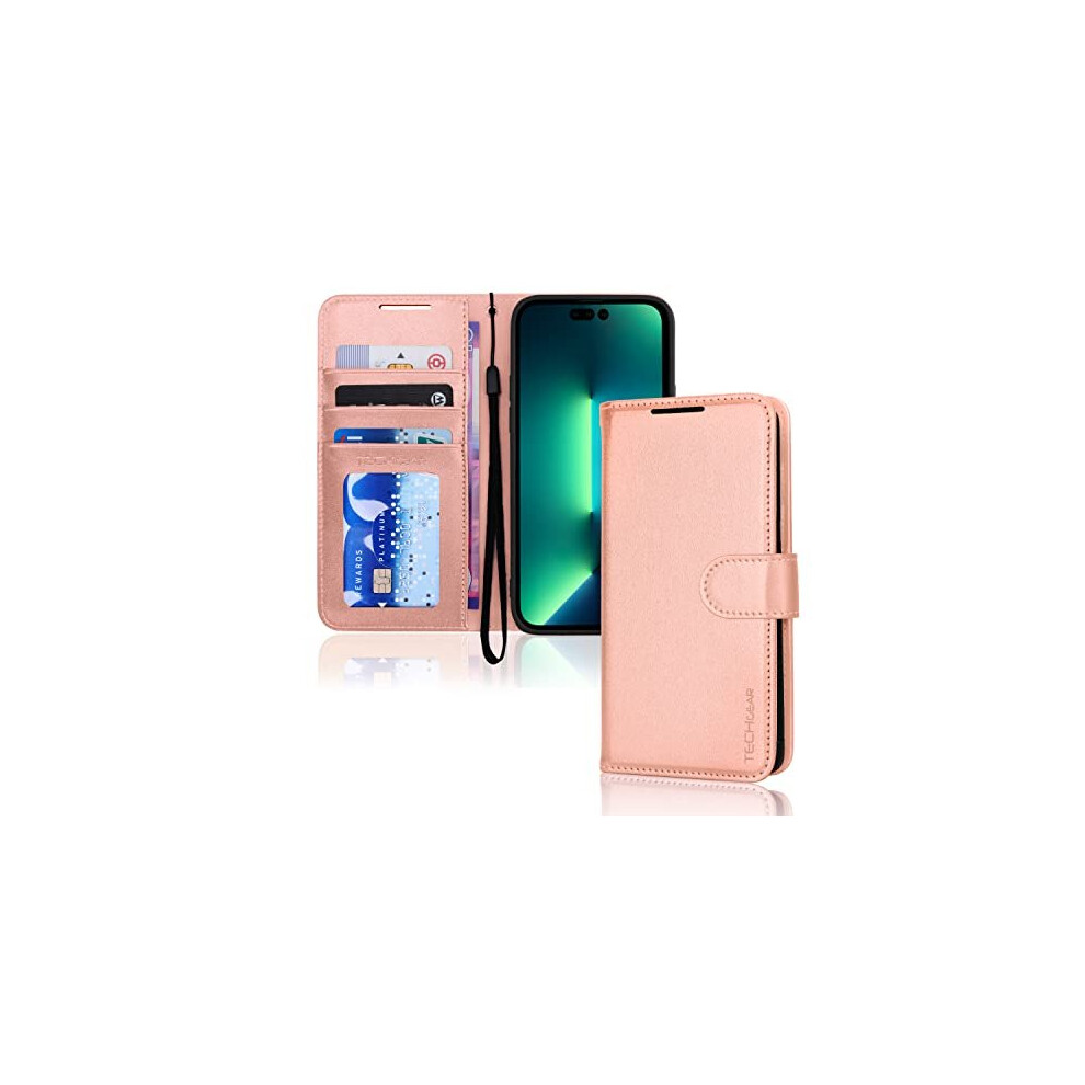 (Rose Gold) Apple iPhone 14 Pro Max Leather Wallet Case, Flip Protective Cover with Wallet Card Holder, Stand and Wrist Strap - PU Leather with Magnet