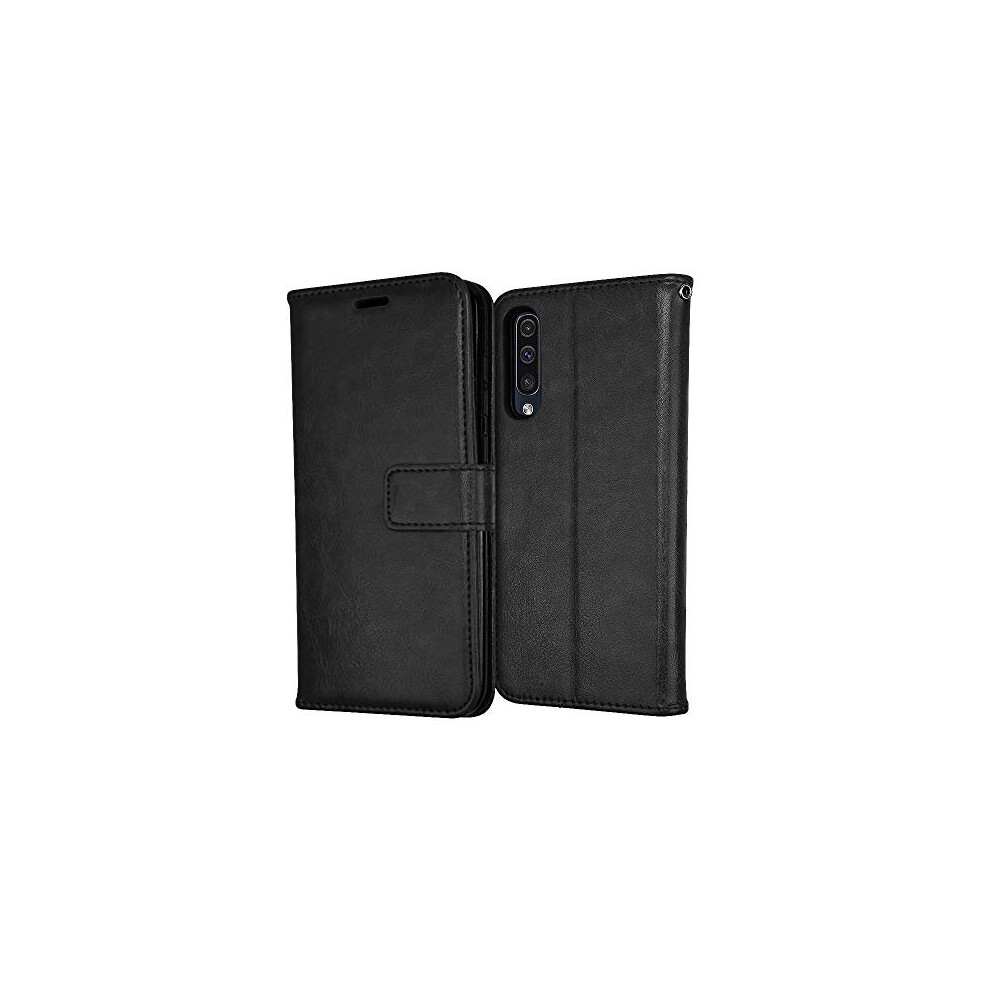 (Black) Samsung Galaxy A50 Leather Wallet Case, Flip Protective Cover with Wallet Card Holder, Stand and Wrist Strap - PU Leather with Magnetic Closur