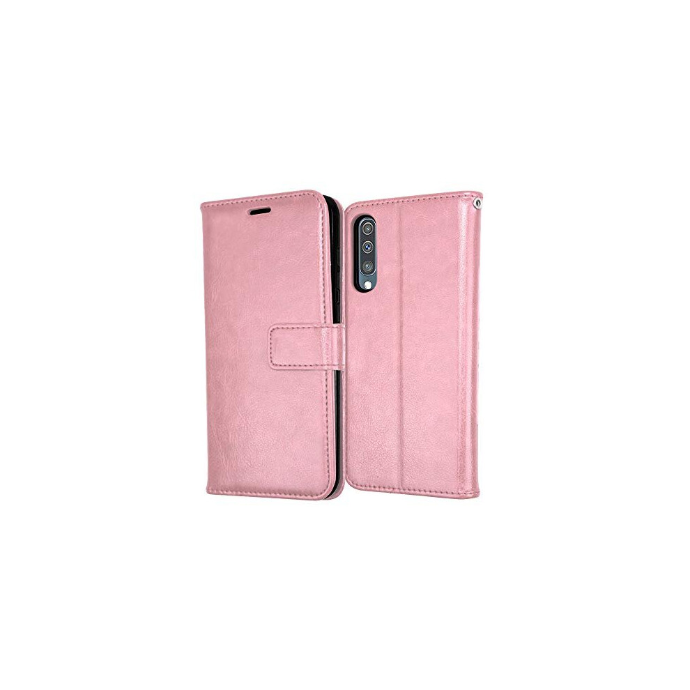 (Rose Gold) Samsung Galaxy A50 Leather Wallet Case, Flip Protective Cover with Wallet Card Holder, Stand and Wrist Strap - PU Leather with Magnetic Cl