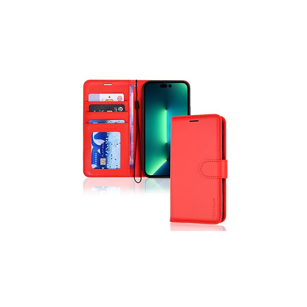 (Red) Apple iPhone 14 Pro Max Leather Wallet Case, Flip Protective Cover with Wallet Card Holder, Stand and Wrist Strap - PU Leather with Magnetic Clo