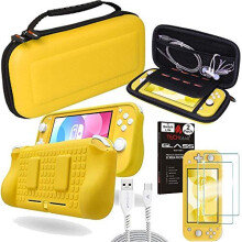 (Yellow) Switch Lite Bundle - Case and Screen Protector, Hard Protective Carry Travel & Storage Case Cover, Ergo Grip Case, 2x Tempered Glass & 2m USB Cable