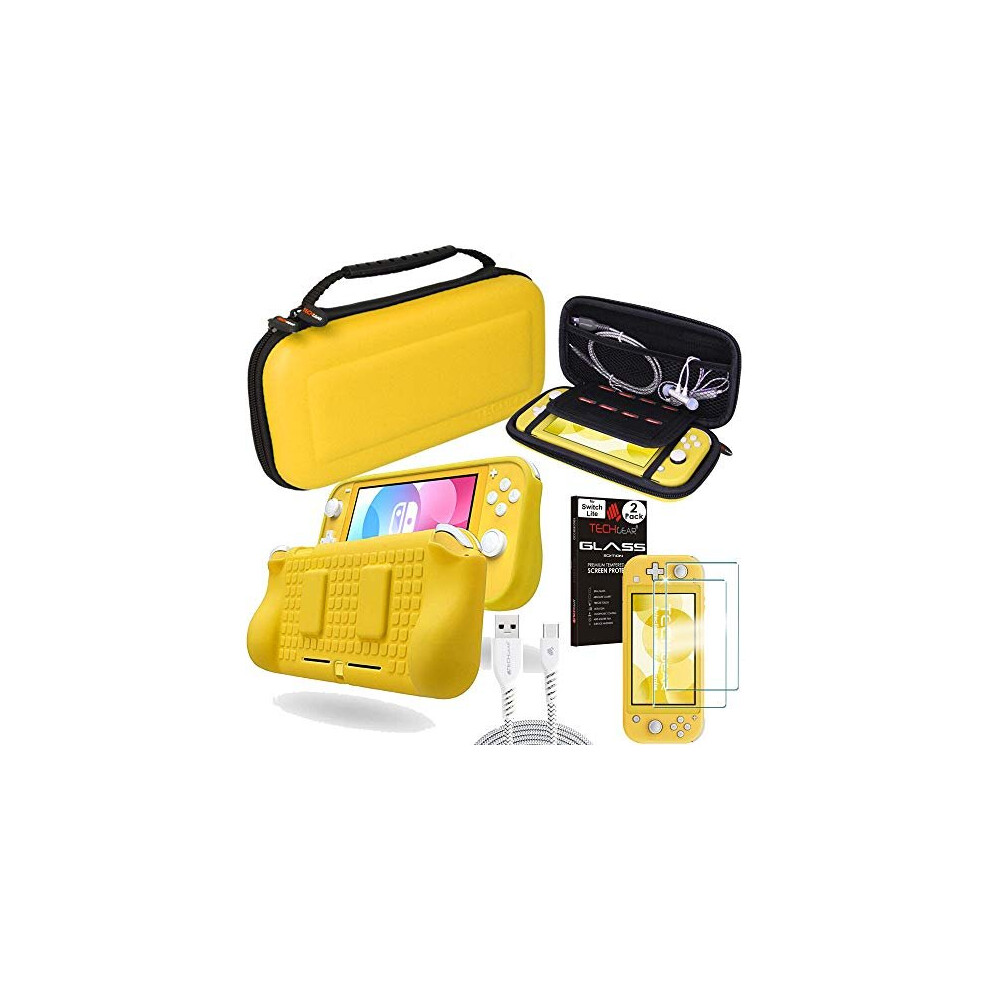 (Yellow) Switch Lite Bundle - Case and Screen Protector, Hard Protective Carry Travel & Storage Case Cover, Ergo Grip Case, 2x Tempered Glass & 2m USB