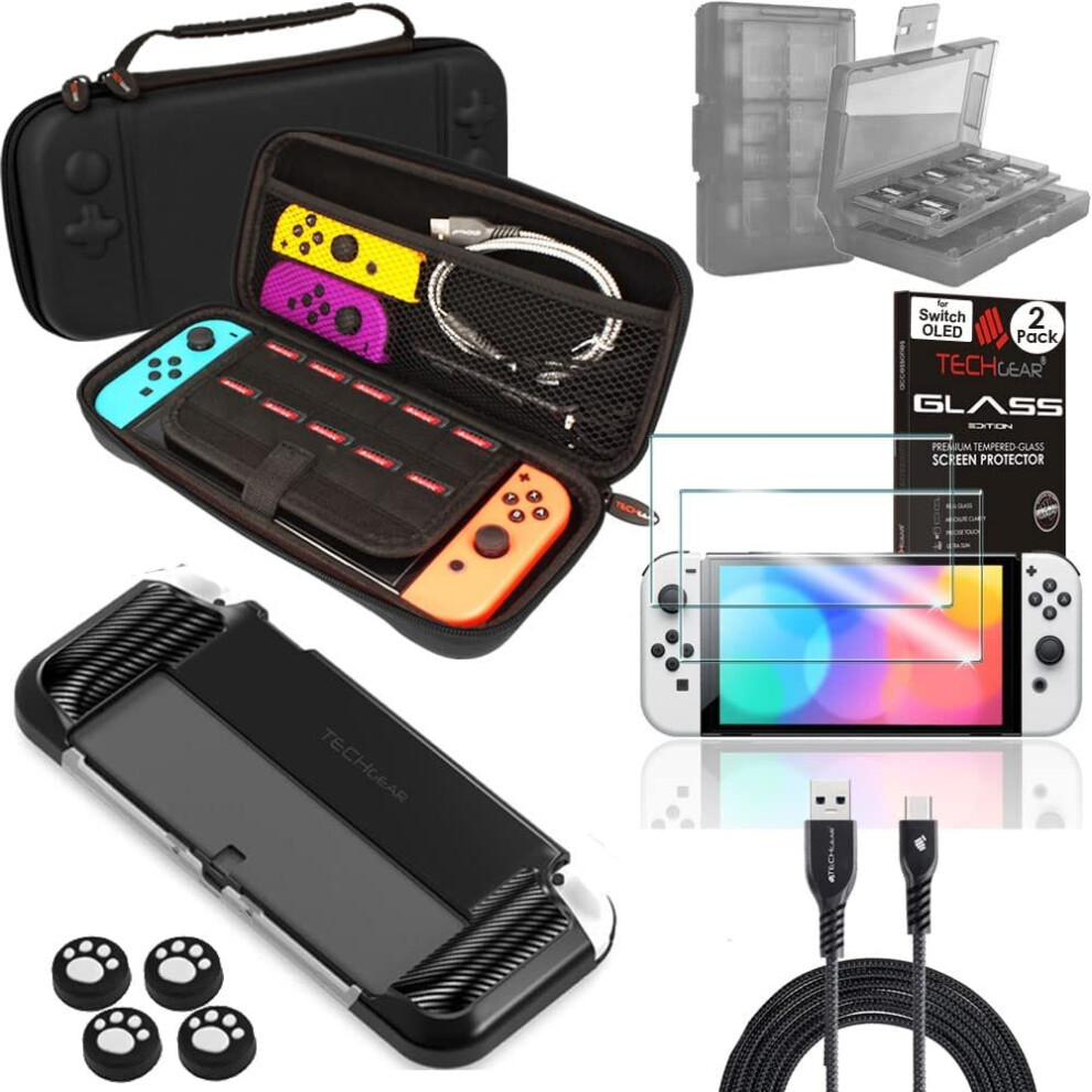 (Red) Switch OLED Bundle - Case and Screen Protector with Accessories, Hard Carry Case, 24 Game Holder, 4x Thumb Grips, 2x Tempered Glass & 2m USB Cab