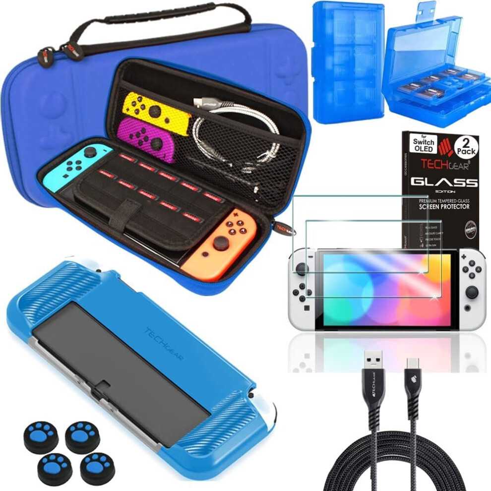 (Blue) Switch OLED Bundle - Case and Screen Protector with Accessories, Hard Carry Case, 24 Game Holder, 4x Thumb Grips, 2x Tempered Glass & 2m USB Ca