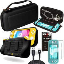 (Black) Switch Lite Bundle - Case and Screen Protector, Hard Protective Carry Travel & Storage Case Cover, Ergo Grip Case, 2x Tempered Glass & 2m USB Cable