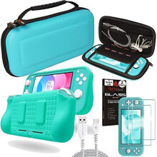 (Turquoise) Switch Lite Bundle - Case and Screen Protector, Hard Protective Carry Travel & Storage Case Cover, Ergo Grip Case, 2x Tempered Glass & 2m USB Cable