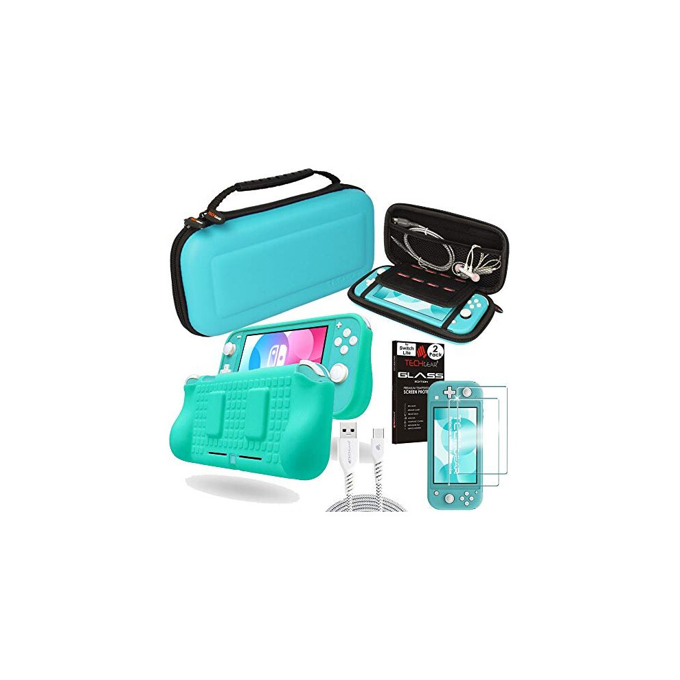 (Turquoise) Switch Lite Bundle - Case and Screen Protector, Hard Protective Carry Travel & Storage Case Cover, Ergo Grip Case, 2x Tempered Glass & 2m