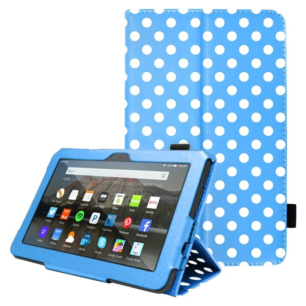 (Blue Polka Dot) TECHGEAR Case Designed For New Amazon Fire 7" (12th Generation / 2022 Release) PU Leather Slim Folio Stand Case with Hand Strap with