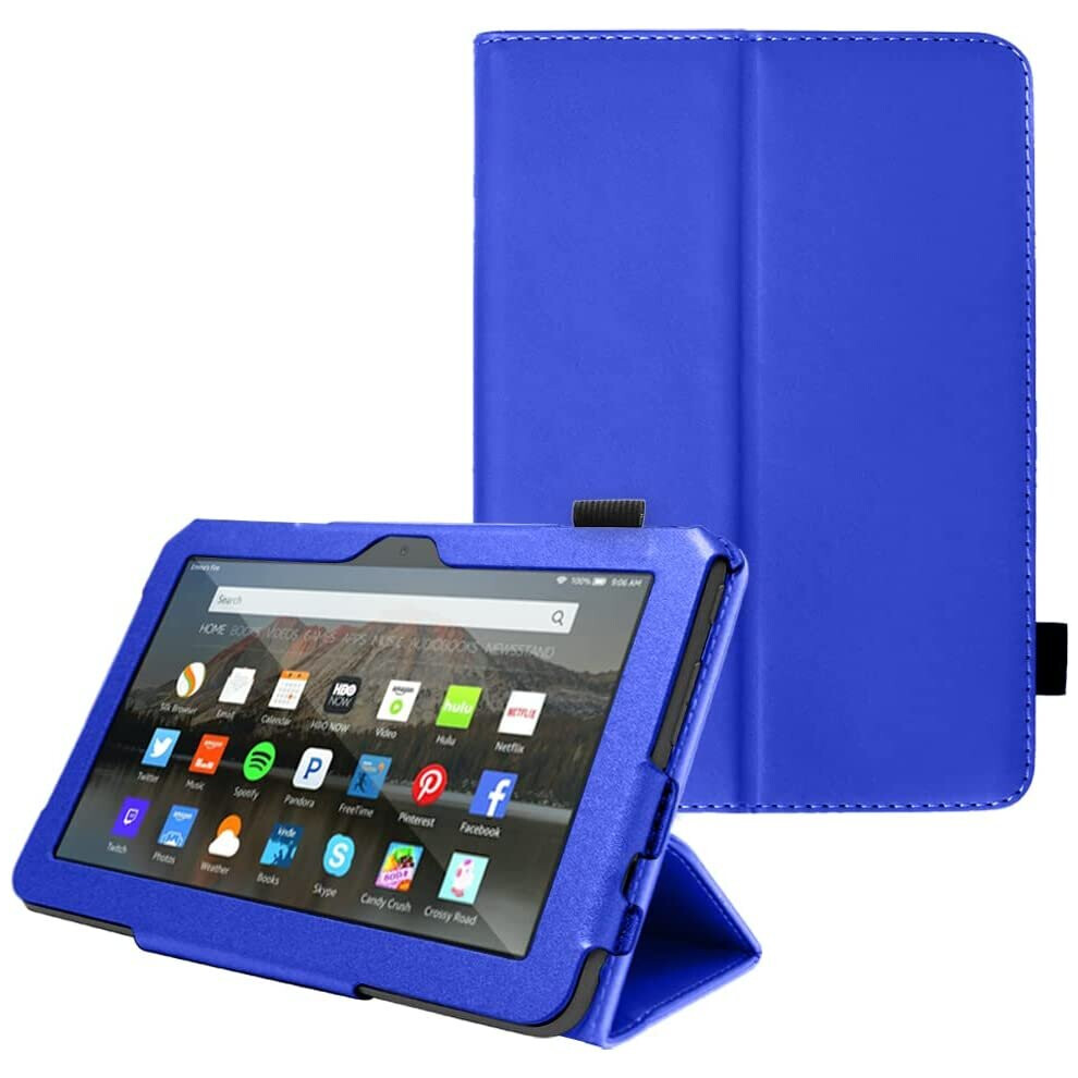 (Blue) TECHGEAR Case Designed For New Amazon Fire 7" (12th Generation / 2022 Release) PU Leather Slim Folio Stand Case with Hand Strap with Auto Wake