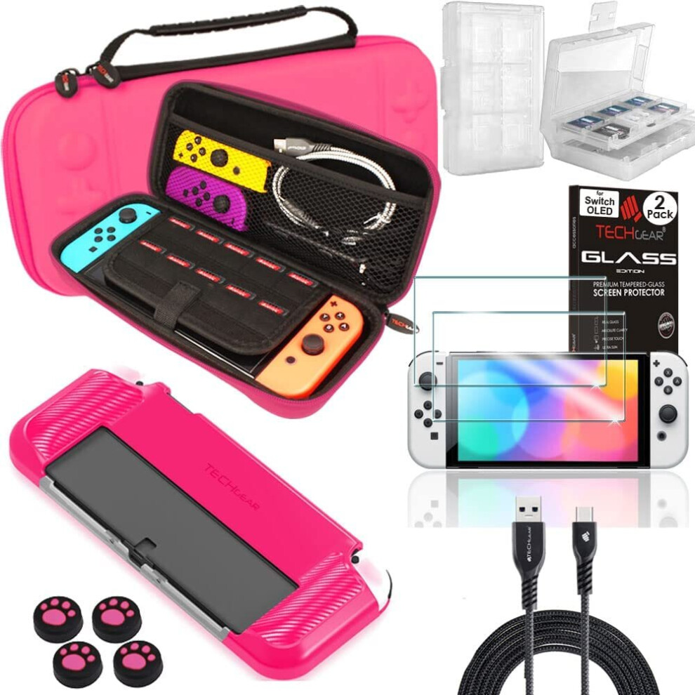 (Pink) Switch OLED Bundle - Case and Screen Protector with Accessories, Hard Carry Case, 24 Game Holder, 4x Thumb Grips, 2x Tempered Glass & 2m USB Ca